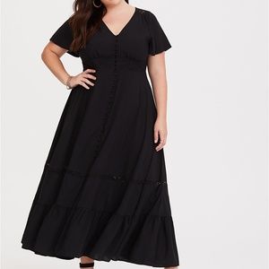 Torrid Black Flutter Button Front Challis Maxi Dress